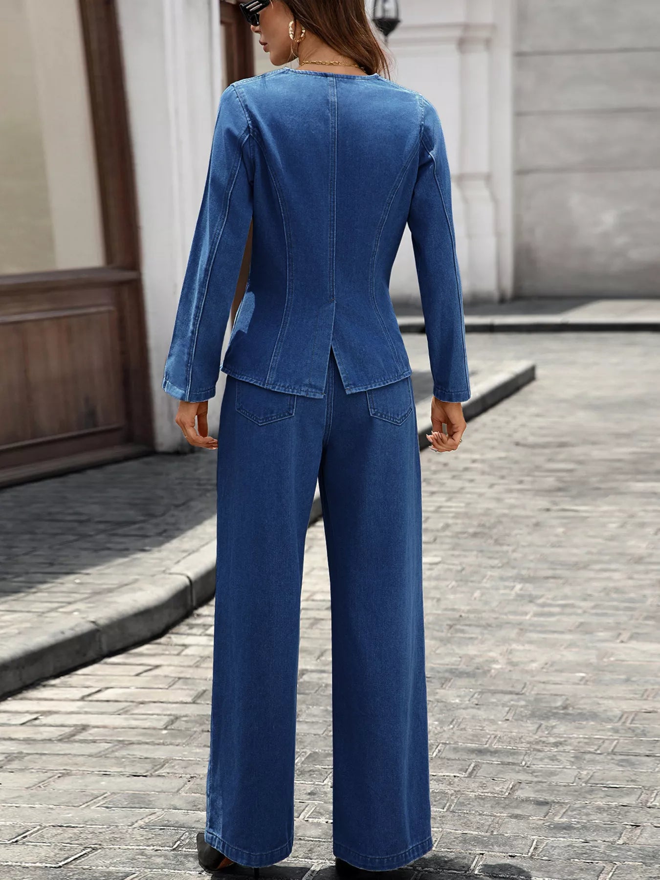 Button-Up Long Sleeve Denim Set - Top & Jeans Outfit - Fashions Envy