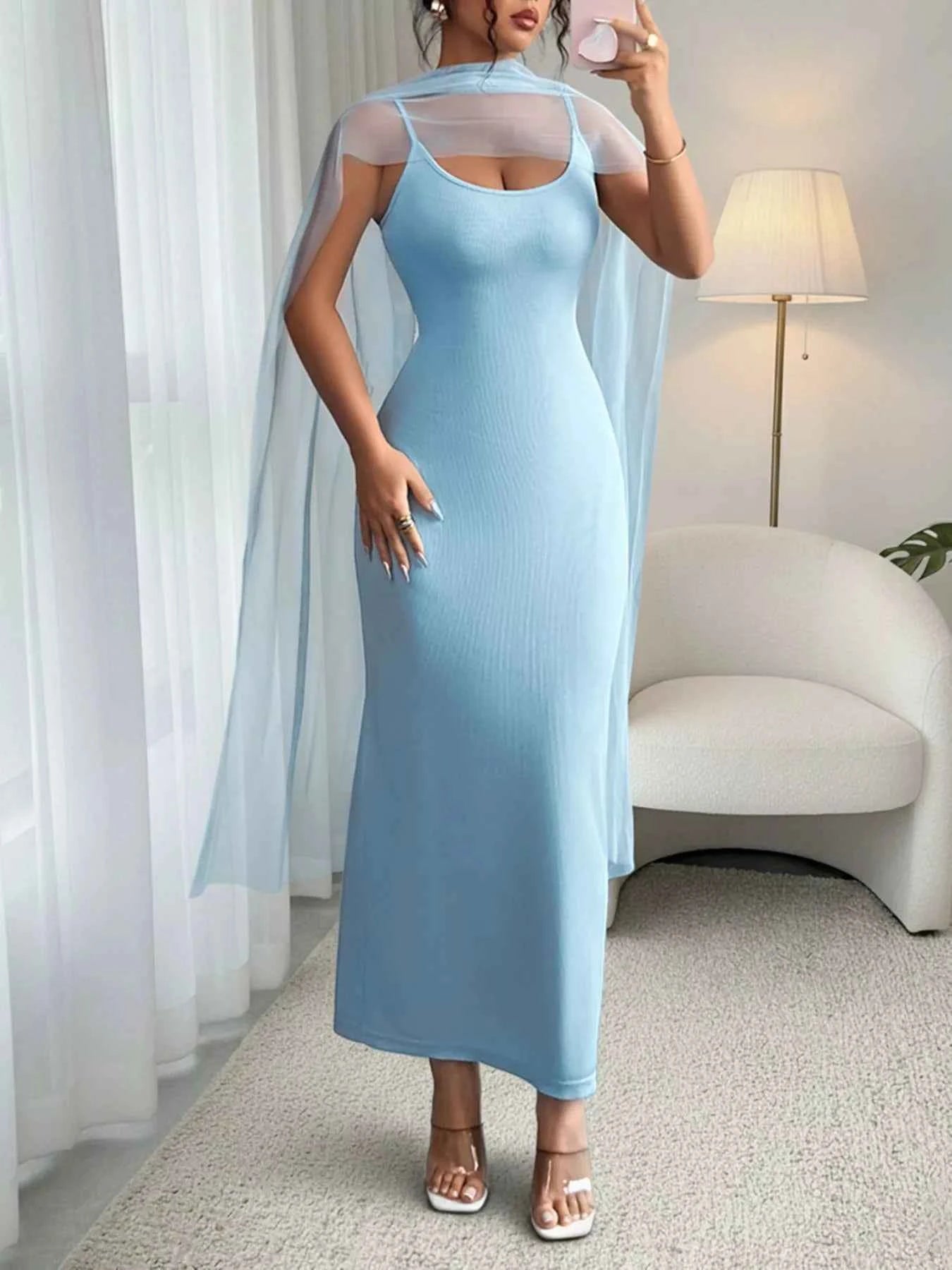 Ribbed Mesh Bodycon Maxi Dress - Blue Scoop Neck