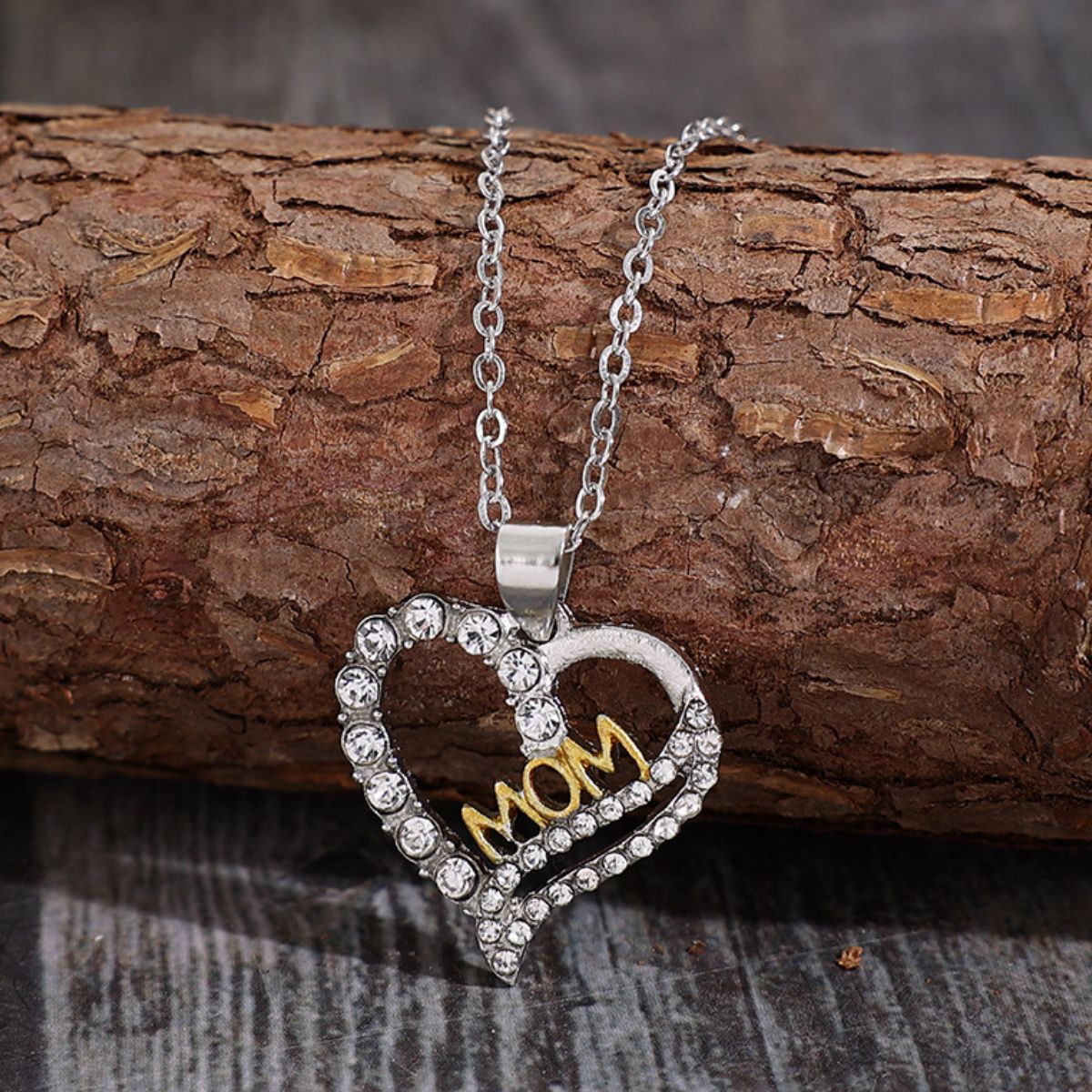 Alloy Inlaid Zircon Heart Pendant MOM Necklace