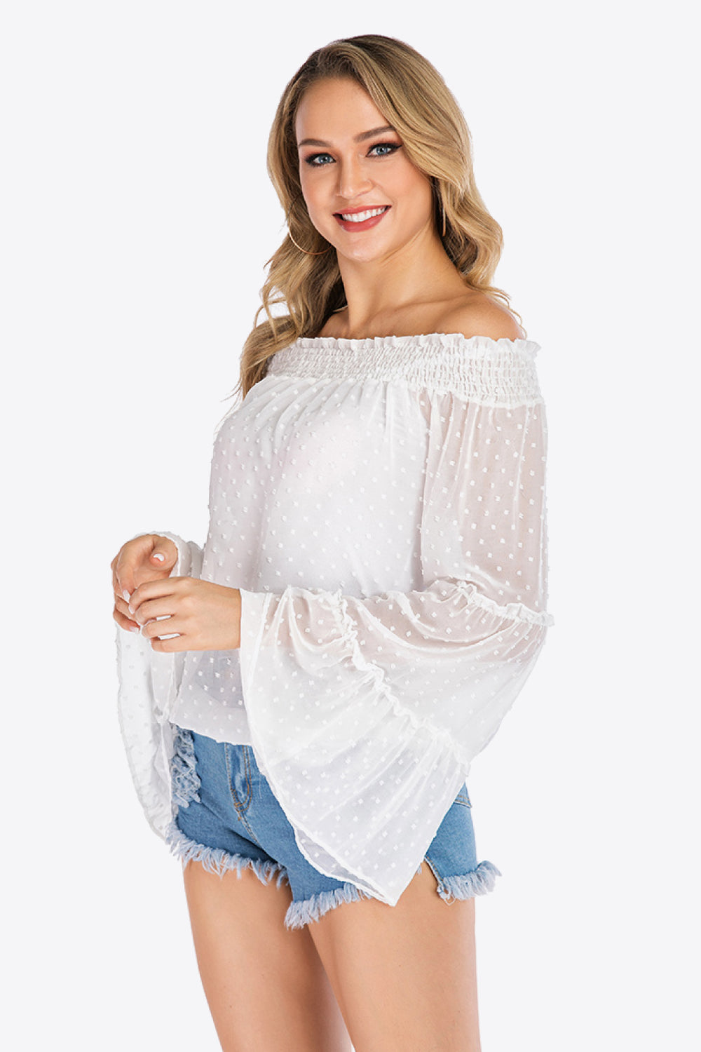 White Swiss Dot Off-Shoulder Blouse
