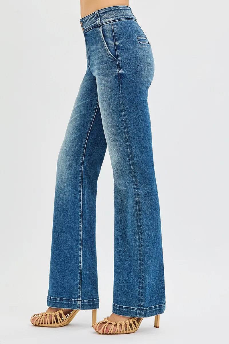 RISEN Full Size Tummy Control High Rise Bootcut Jeans with Double Button Waistband Plus Size - Fashions Envy