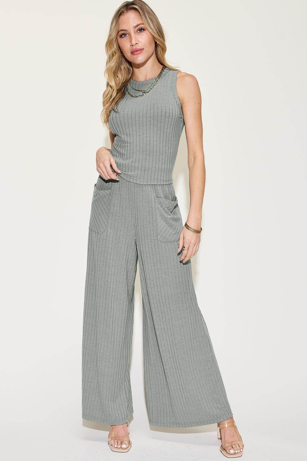 Basic Bae Full Size Ribbed Tank and Wide Leg Pants Set - Fashions Envy