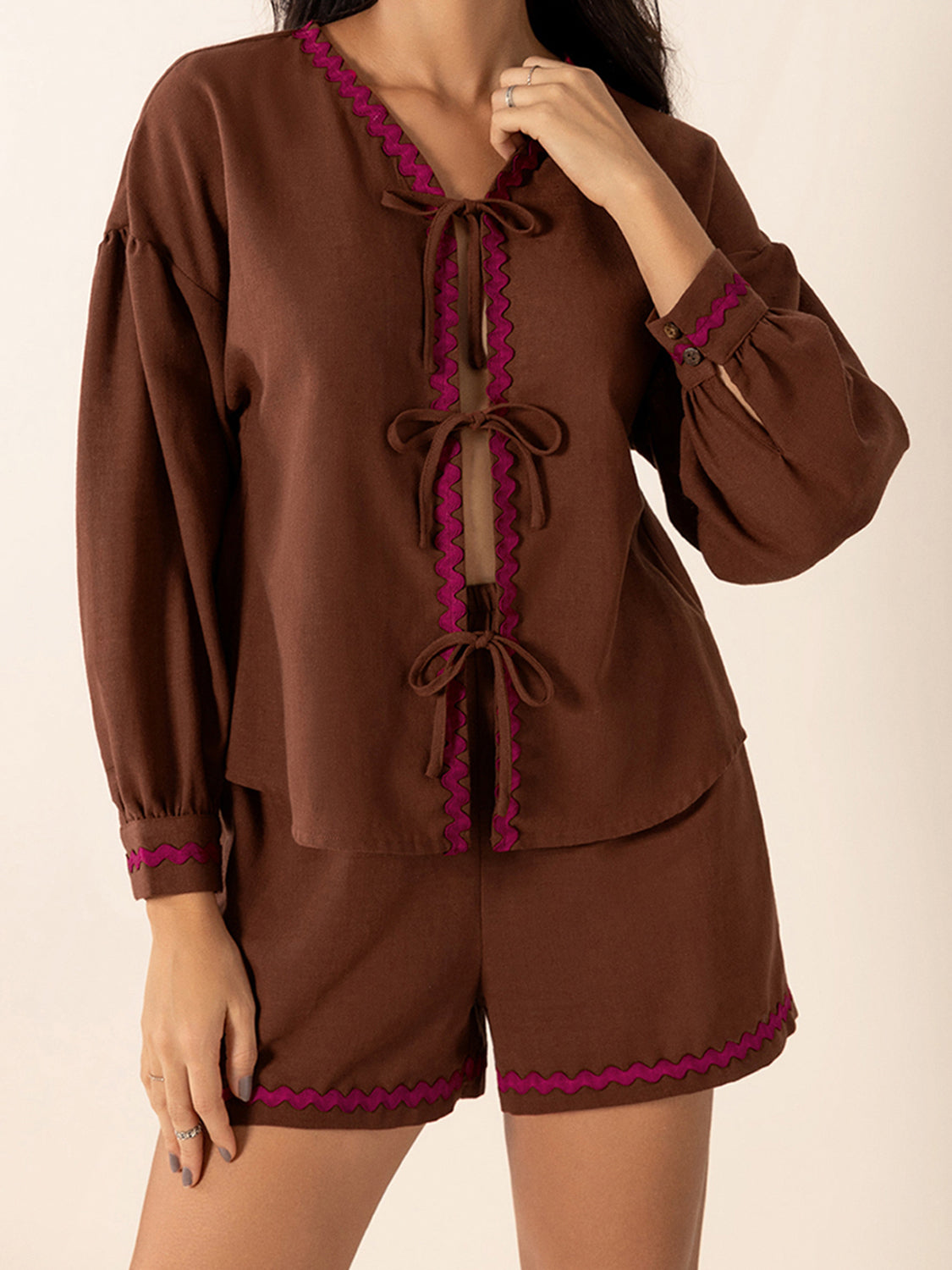 Brown Tied V-Neck Long Sleeve Top and Shorts Set