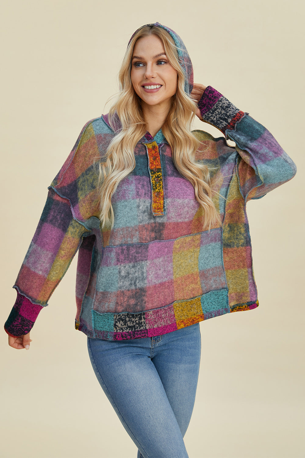 Double Take Full Size Plaid Dropped Shoulder Hoodie - Fashions Envy