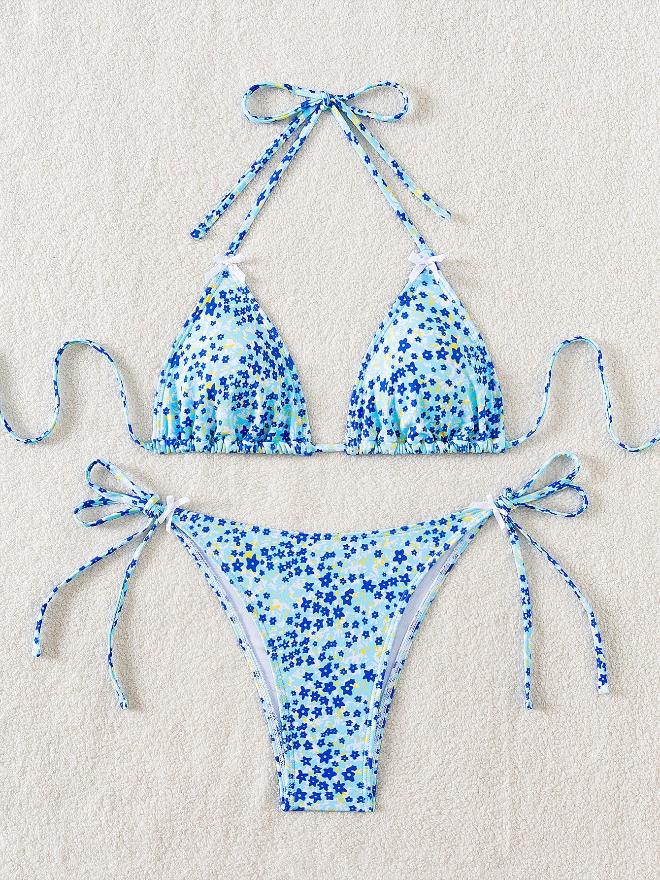 Floral Triangle Bikini - Lace Up Front Tie Bottoms Set