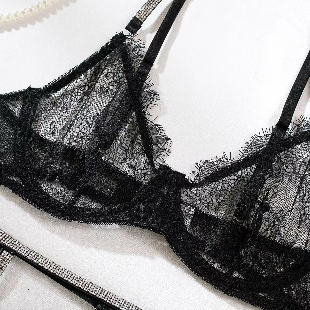 Lace Lingerie Set - 4 Piece Rhinestone Garter Belt - Fashions Envy