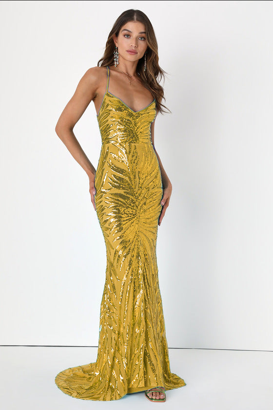 Spaghetti Strap Sequin Dress - Mermaid Maxi Party Gown