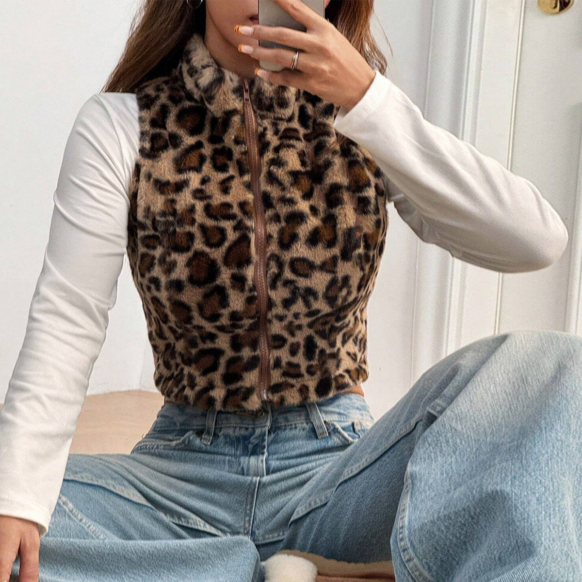 Leopard Print Crop Vest - Zip Front Fleece - Fashions Envy