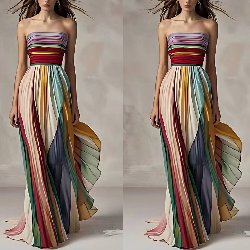Strapless Color-Block Prom Gown - High Waist Printed Dress