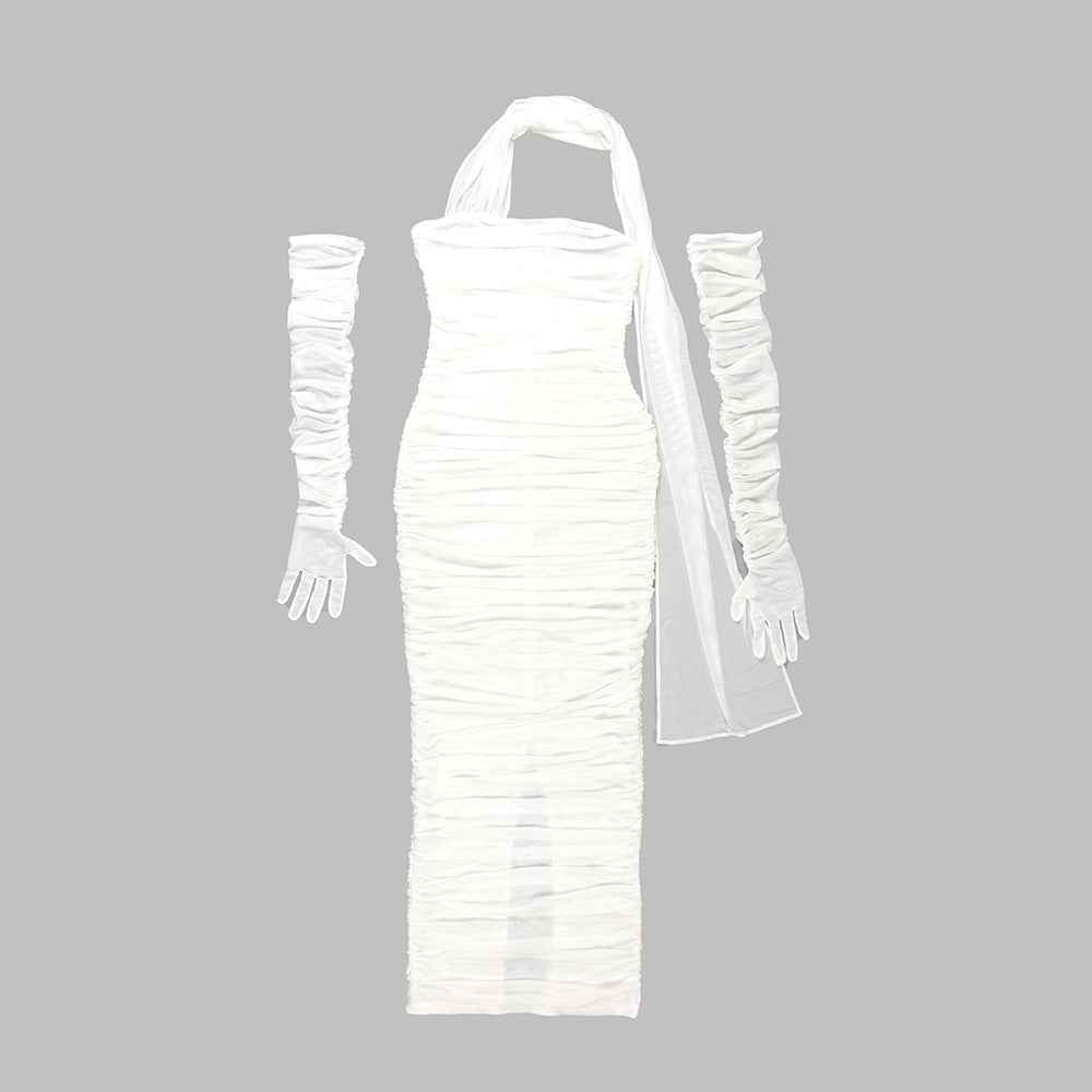 Sheer Mesh Backless Dress - White Halter Long Sleeve