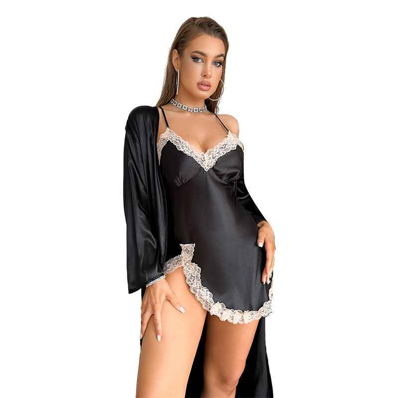 Satin Robe Set - Long Sleeve Robe and Slip Nightdress