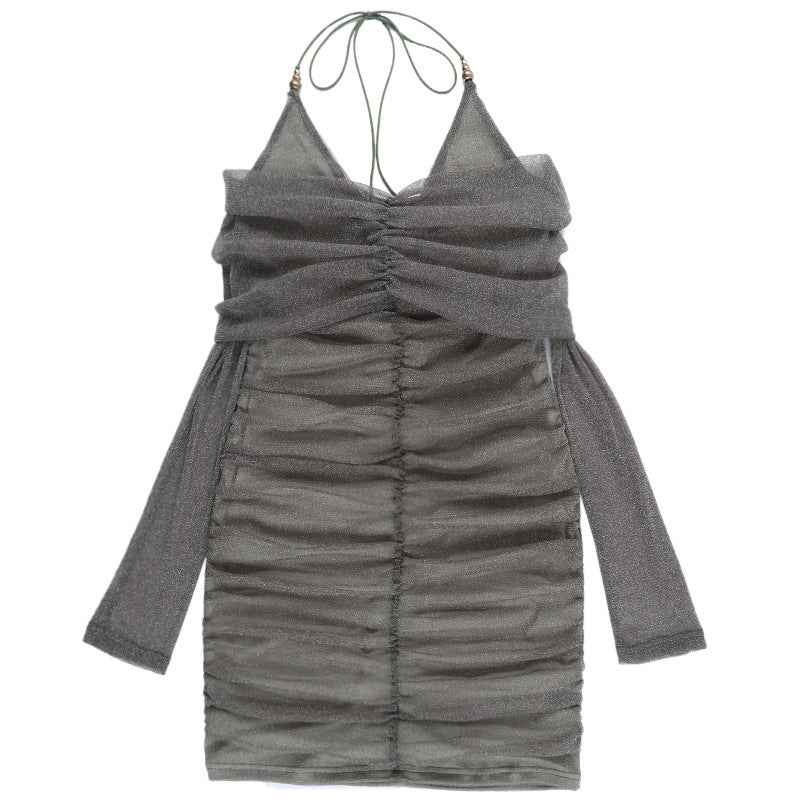 Sexy Sequin Pleated Mini - Off-Shoulder Tied Bodycon Dress