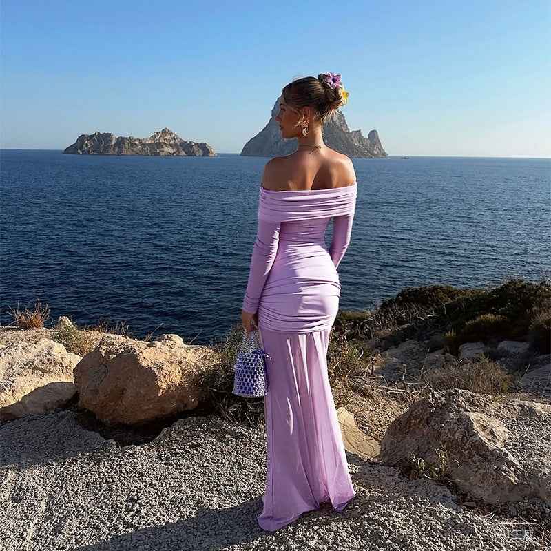 Off Shoulder Mesh Maxi Dress - Long Sleeve Bodycon Gown