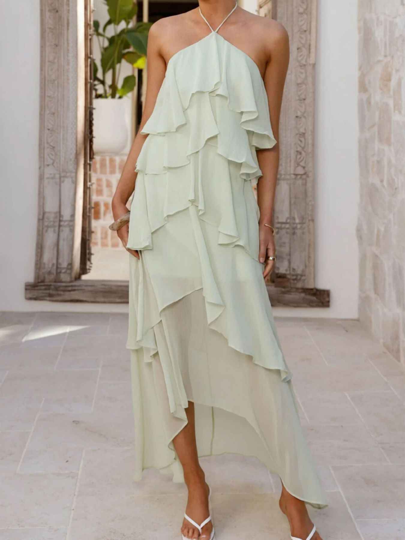 Tiered Ruffle Halter Midi Dress - Layered Flowy Style