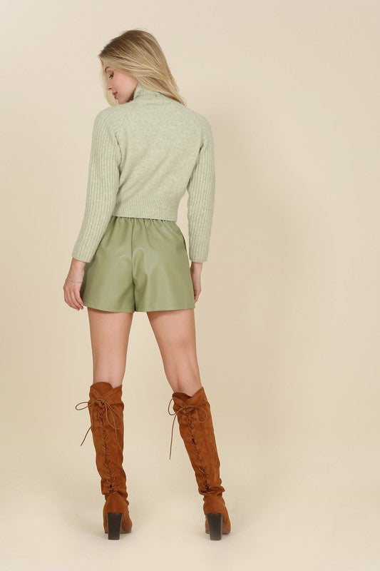 Pintuck Vegan Wide Elastic Band Leather Mini Shorts