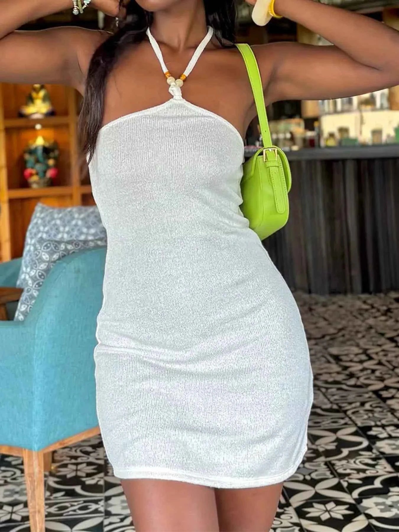 White Stretchy Mini Dress - Beaded Halter Neck
