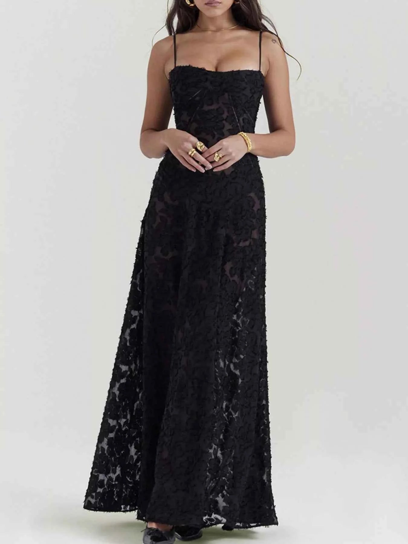 Black Maxi Dress - Lace Spaghetti Strap Gown