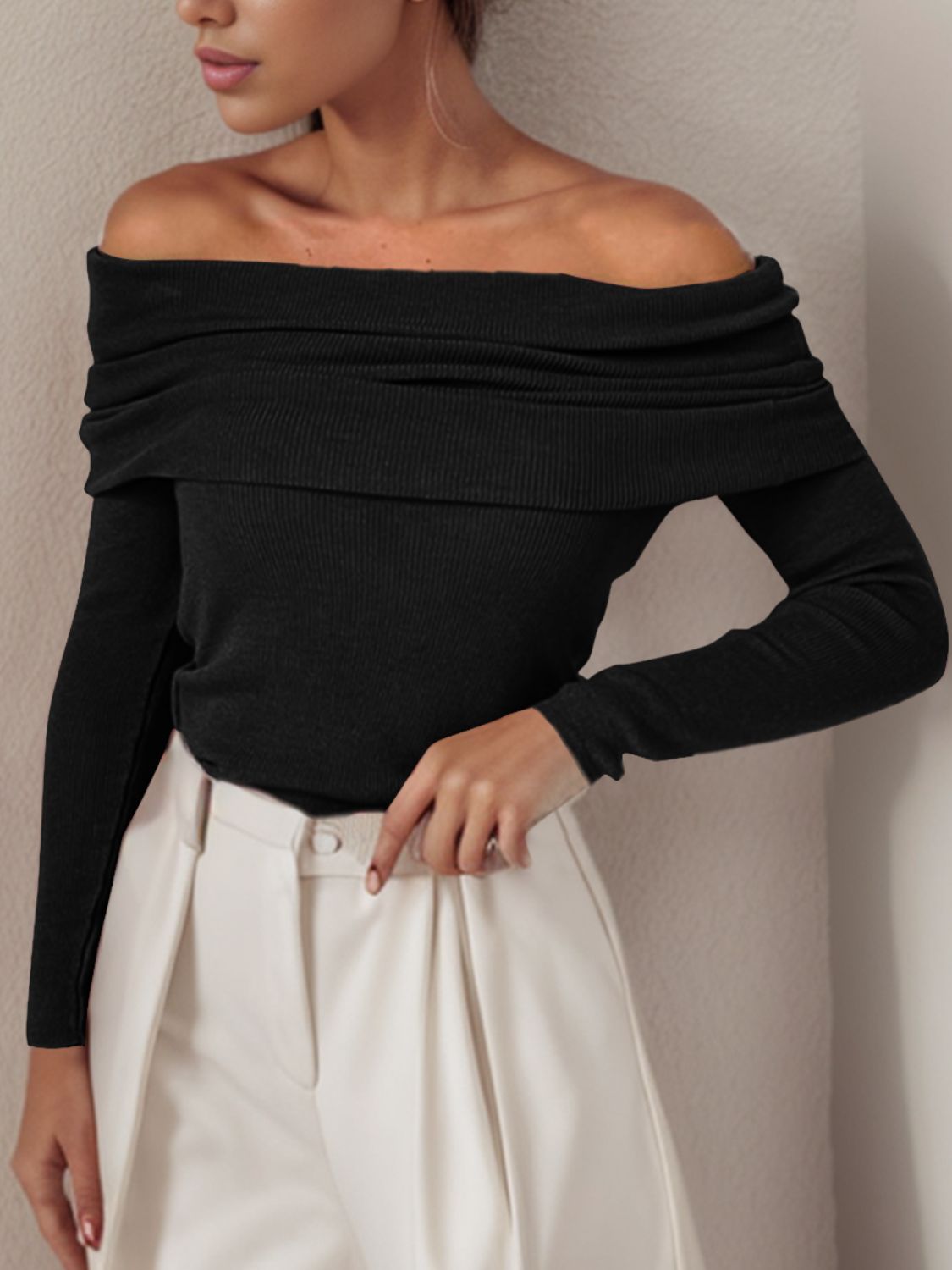 Off-Shoulder Sweater - Long Sleeve Knit Pullover