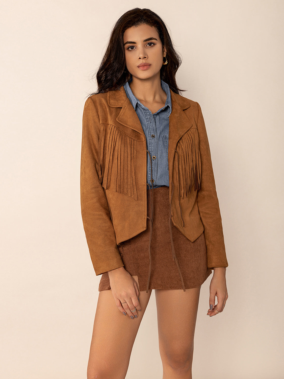 Caramel Tied Tassel Collared Neck Long Sleeve Jacket