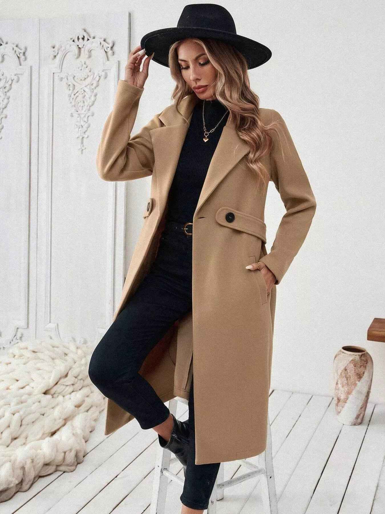 Wool Blend Overcoat - One Button Belted Long Coat - Fashions Envy