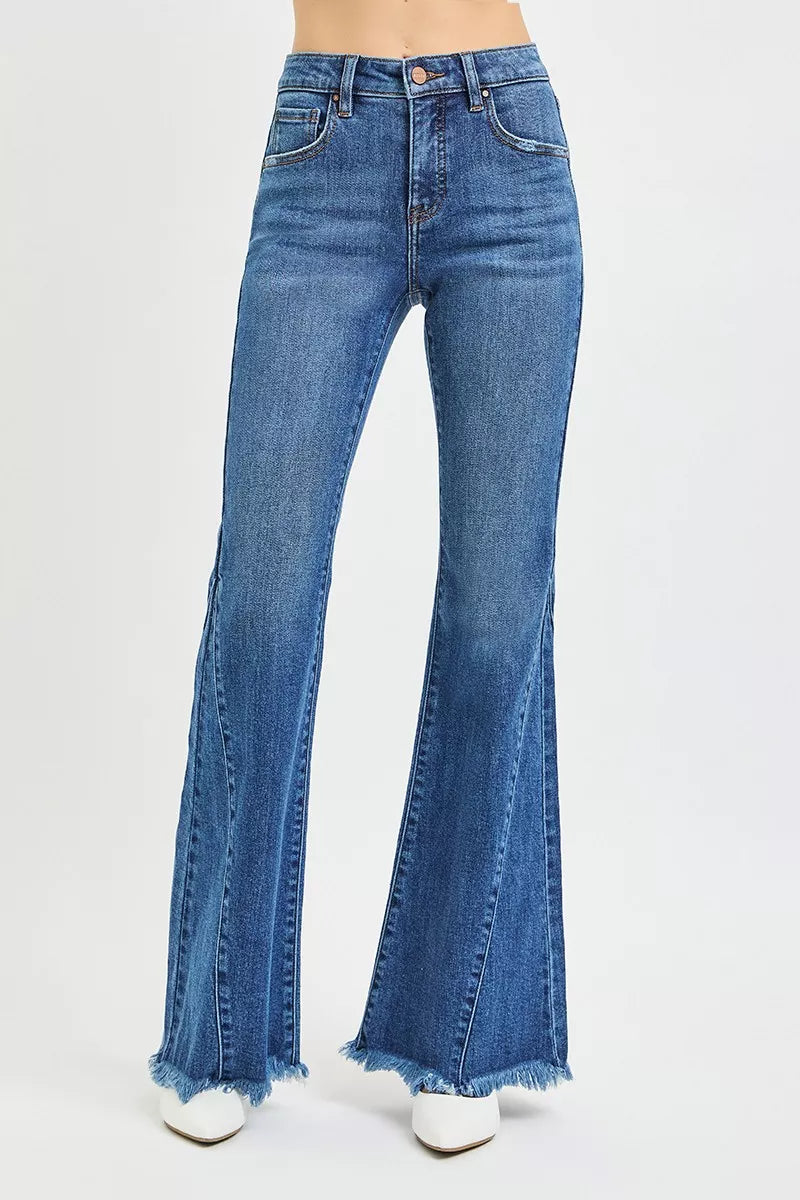 RISEN Flare Jeans - Women's Mid Rise Side Seam Detail - Fashions Envy