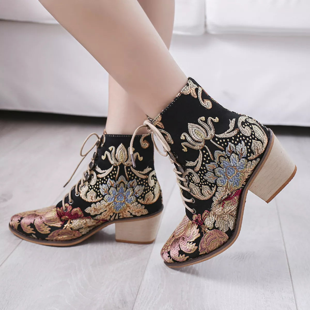 Embroidered Floral Lace-Up Ankle Boots - Fashions Envy
