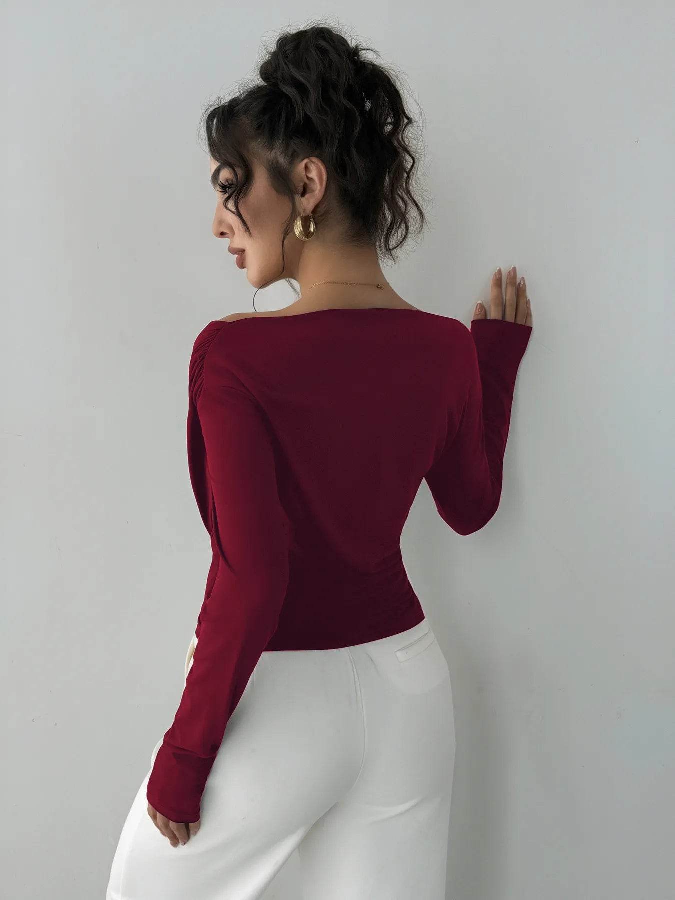 Asymmetrical Long Sleeve Blouse - Ruched Detail Top - Fashions Envy