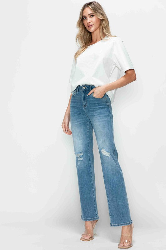 Full Size Medium Blue Distressed High Rise Straight Jeans