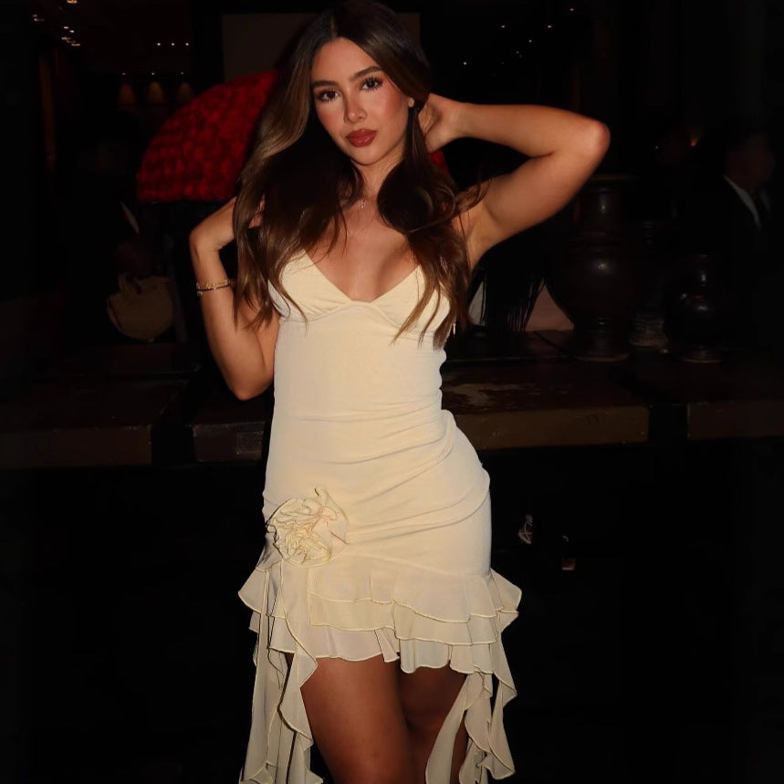 Three-dimensional Flower Mini Dress - Sleeveless Halter Neck