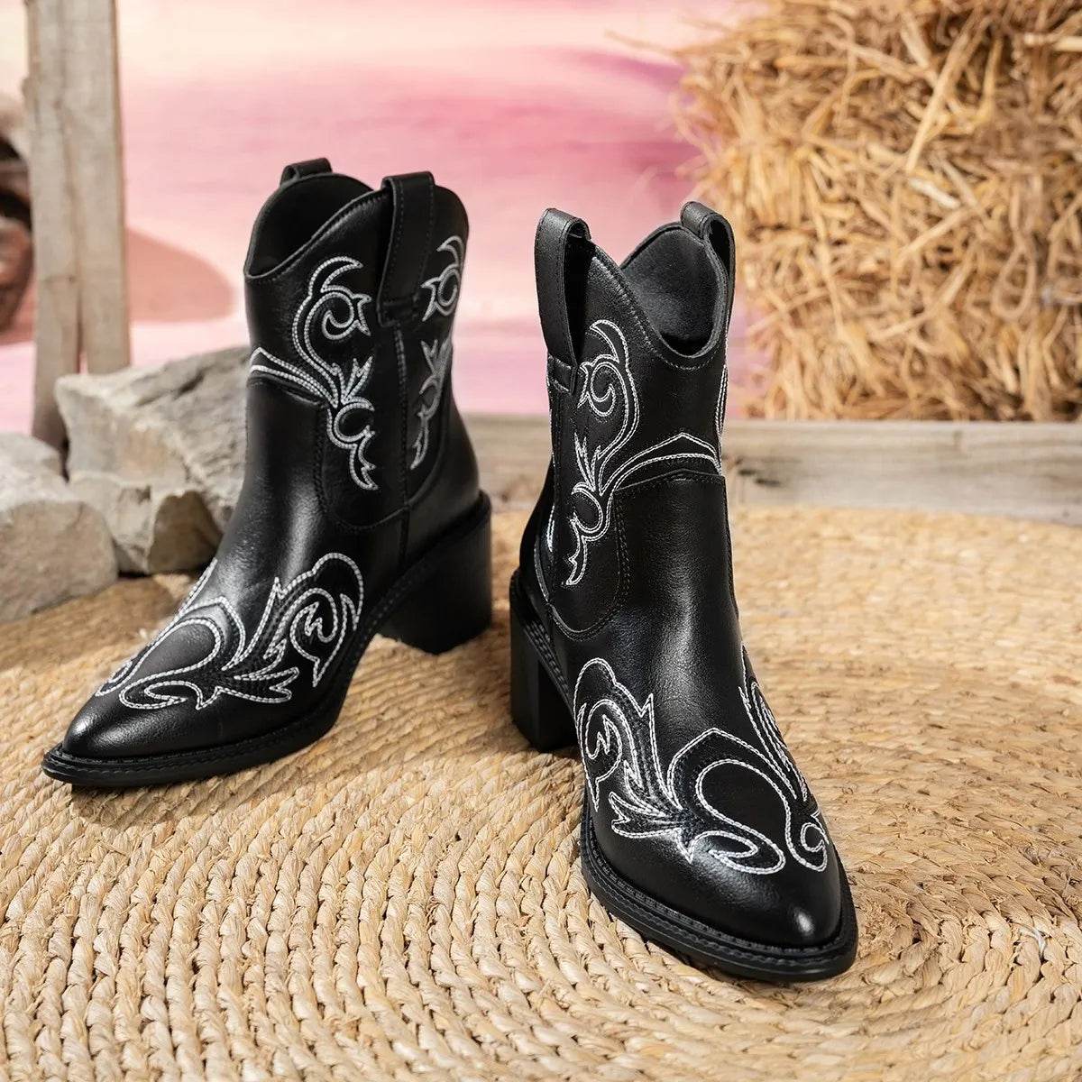 Point Toe Block Heels Boots - Mid Heel Ankle Boots - Fashions Envy