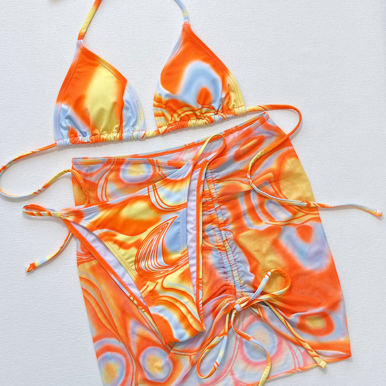 Women's Orange Fission Three-piece Bikini Swimsuit with Mini Skirt Cover Up