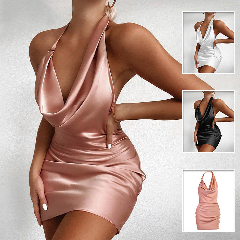 Satin Backless V-Neck Sleeveless Summer Party Mini Dress