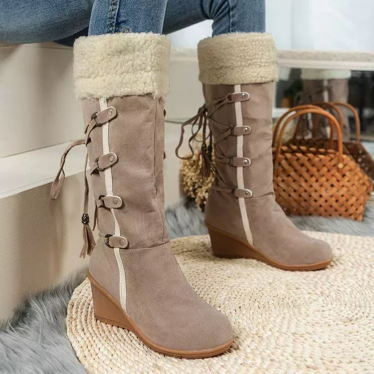 Suede Wedge Boots with Fur Cuff - Fashions Envy