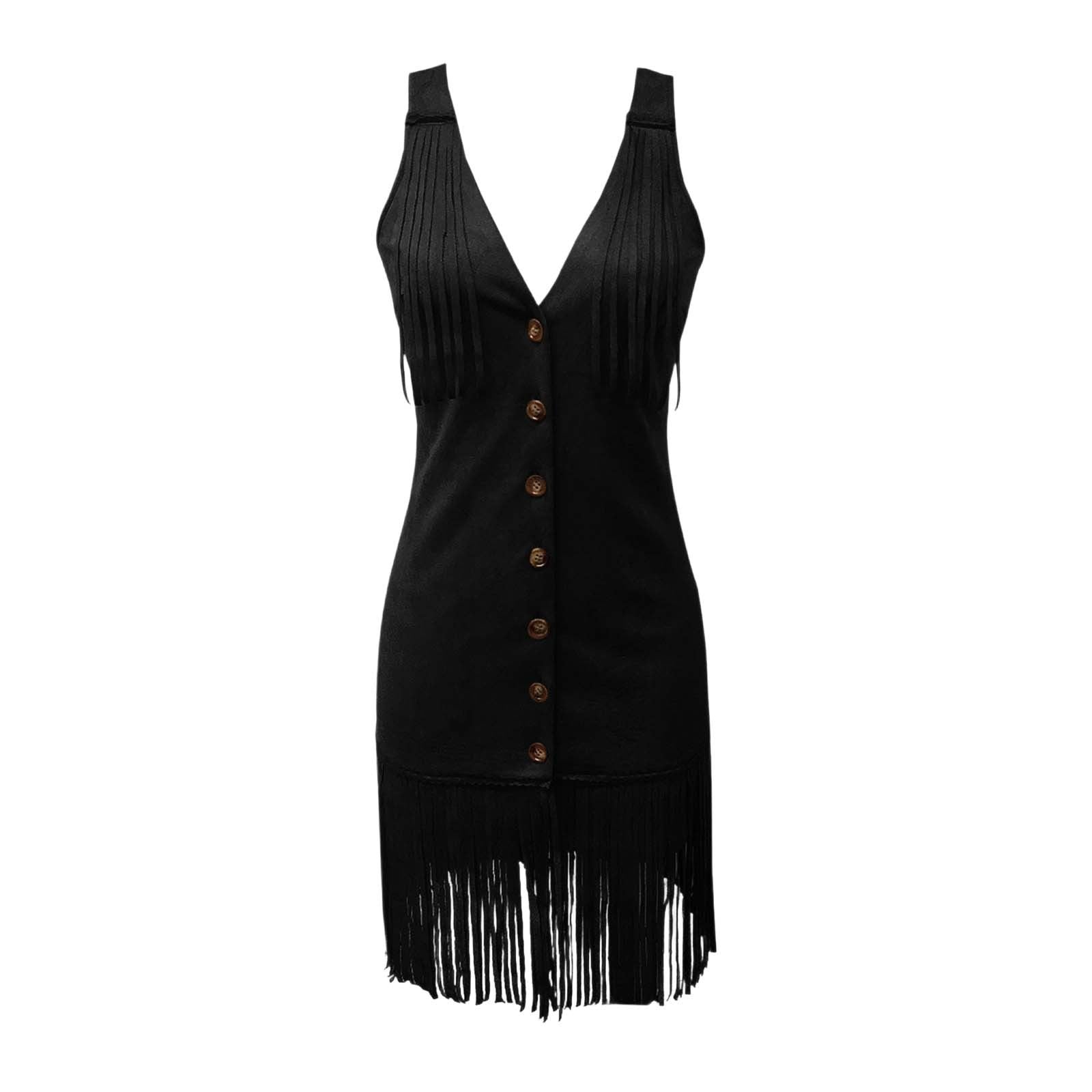 Women's Western Style Vest Dress - V-Neck Button Front Mini with Fringe