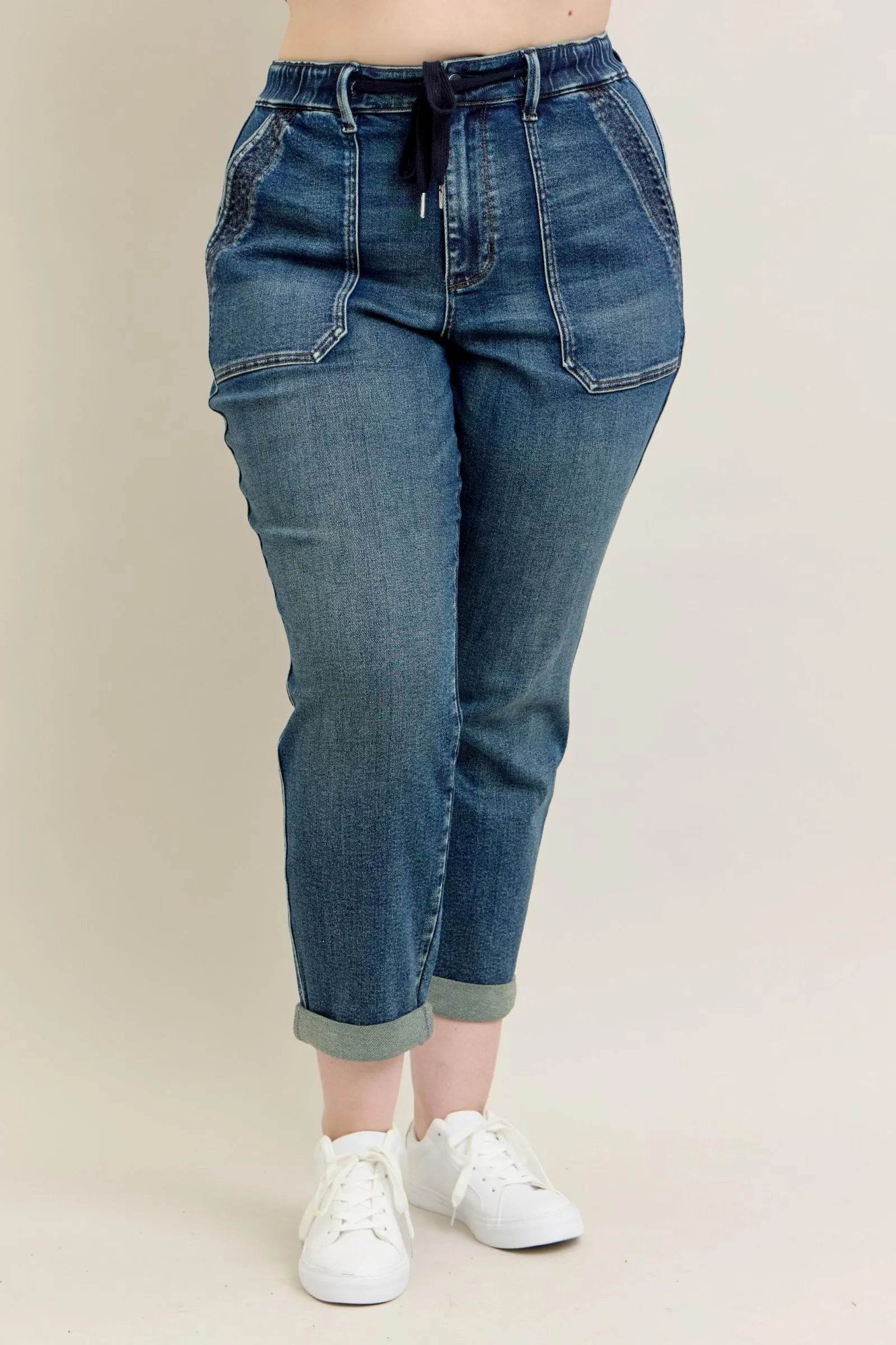 Judy Blue Full Size HW Vintage Wash Jeans w/ Drawstring Plus Size - Fashions Envy
