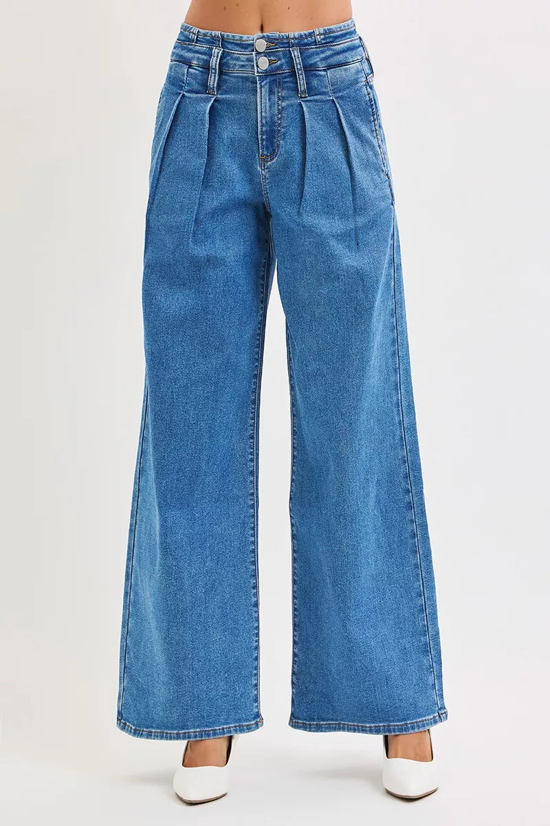 RISEN Wide Leg Jeans - Mid Rise Pleated Detail - Fashions Envy