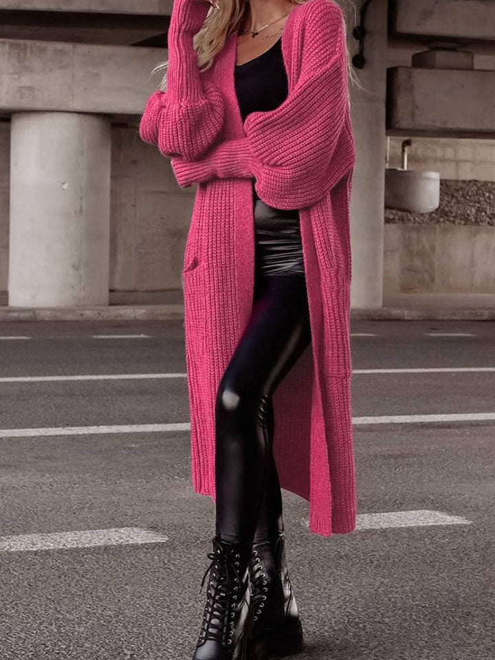 Hot Pink Lantern Sleeve Cardigan - Pocketed Open Front