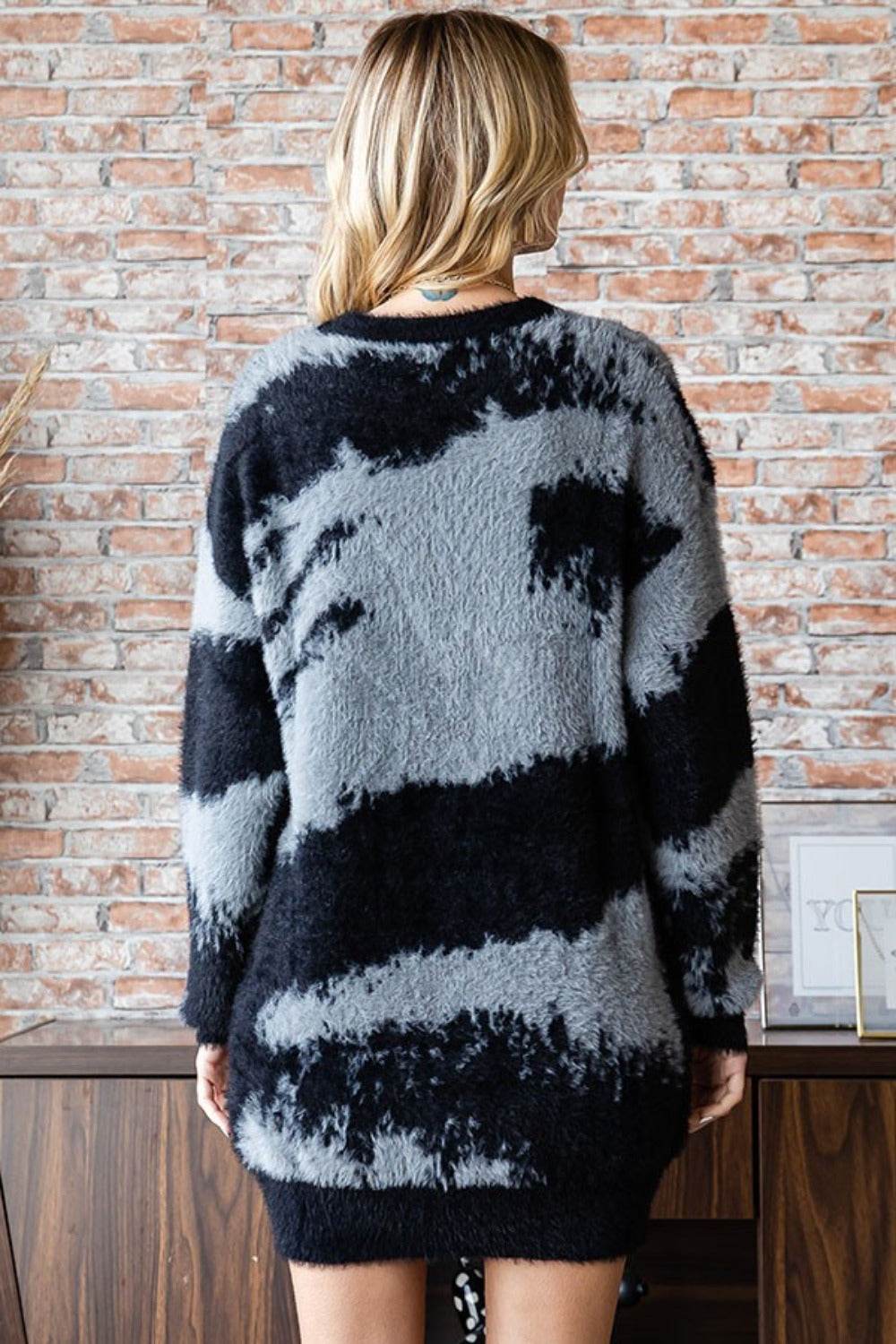 First Love Full Size Abstract Pattern Contrast Feather Yarn Sweater - Fashions Envy