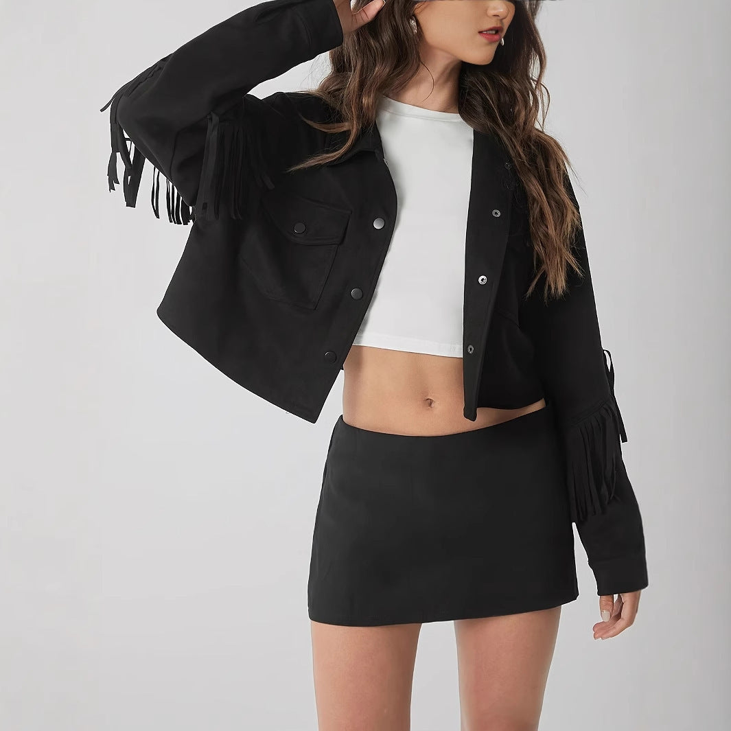 Women's Black Long Sleeve Fringe Jacket - Casual Elegant Coat
