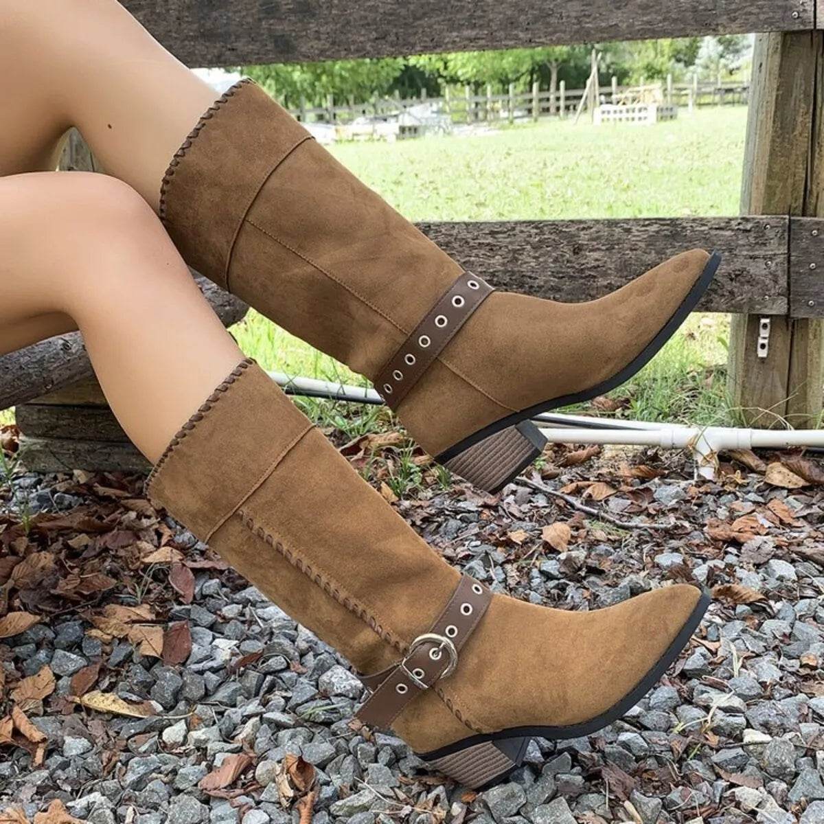 Point Toe Block Heels Boots - Mid Heel Ankle Boots - Fashions Envy