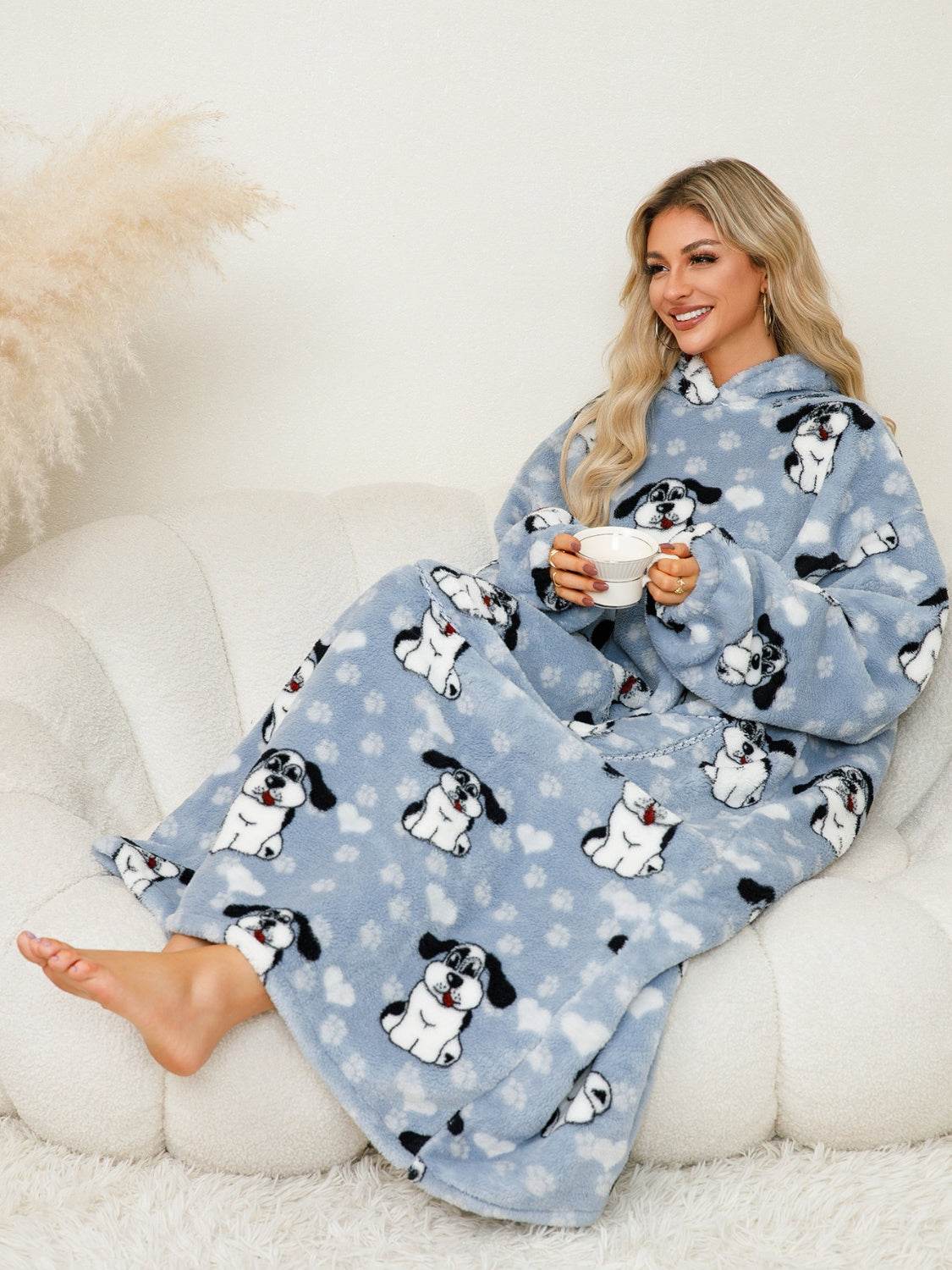Fuzzy Pocketed Long Sleeve Hooded Lounge Dress - Fashions Envy