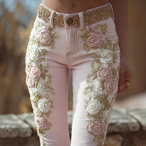 Rose Embroidered Jeans - 3D Floral Pearl Detail Pants