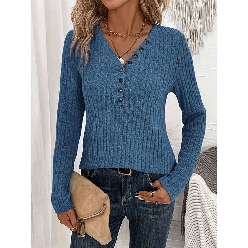 Ribbed V-Neck Tunic - Slim Fit Button-Down Top