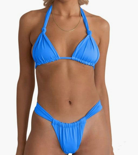 Pleated Split Strap Pure Color Knotted Bikini Swimsuit