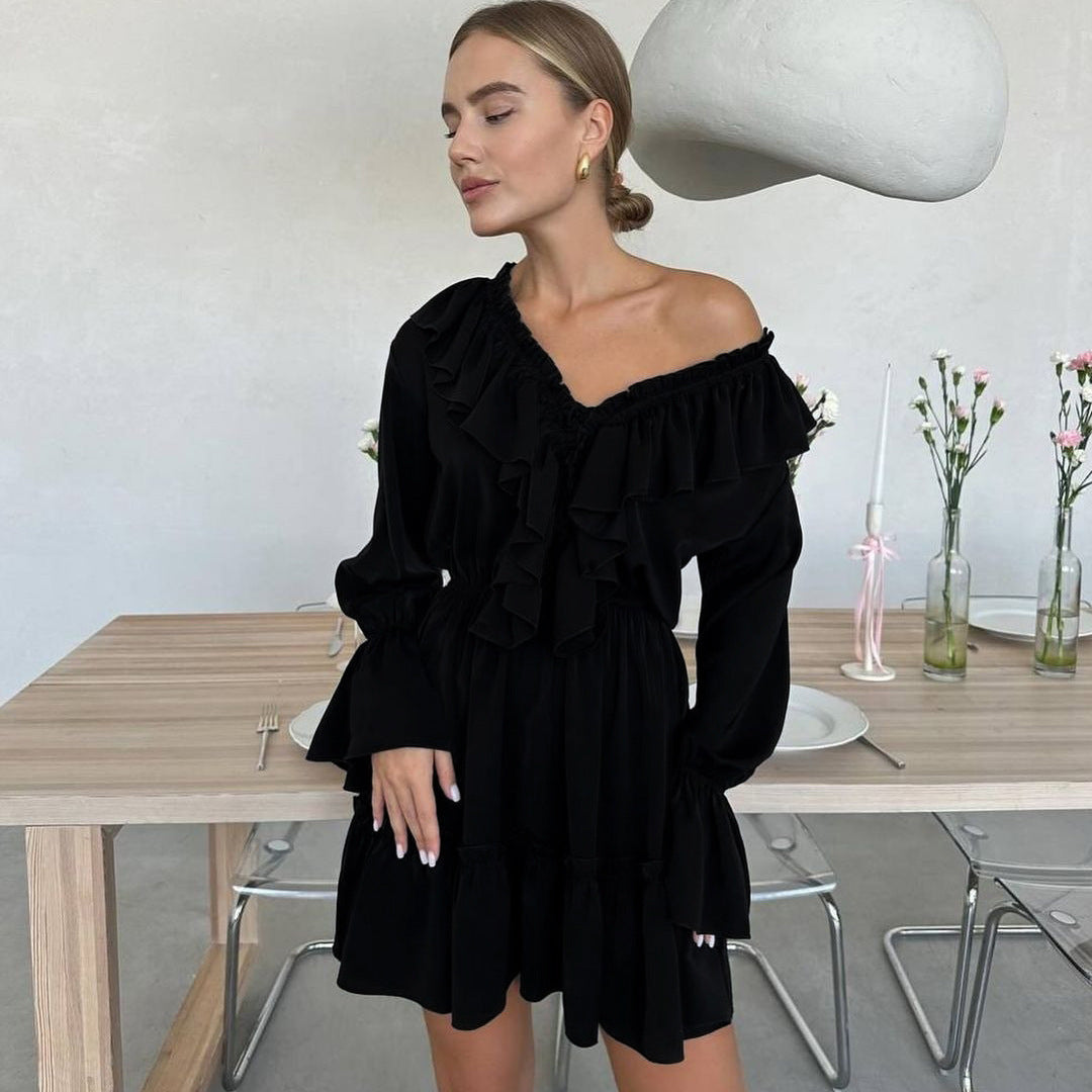 V-Neck Pleated Ruffle Long Sleeve Y2K Mini Dress