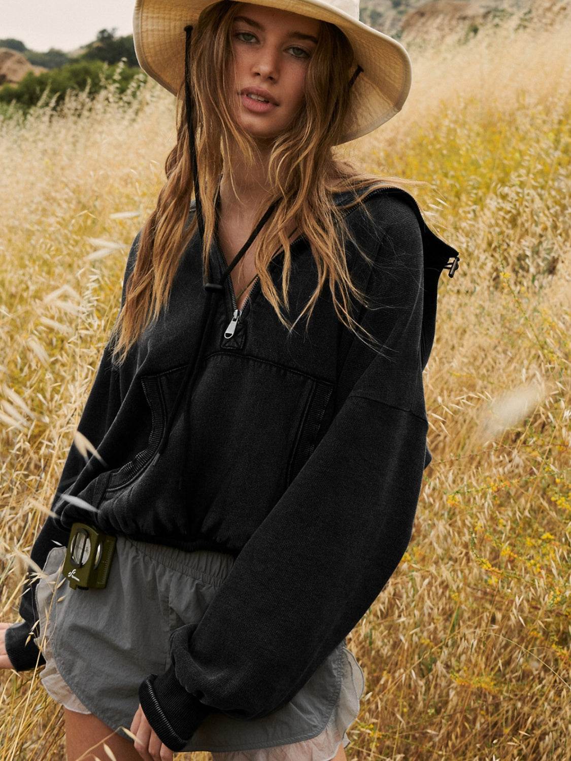 Half Zip Pocketed Dropped Shoulder Hoodie - Fashions Envy