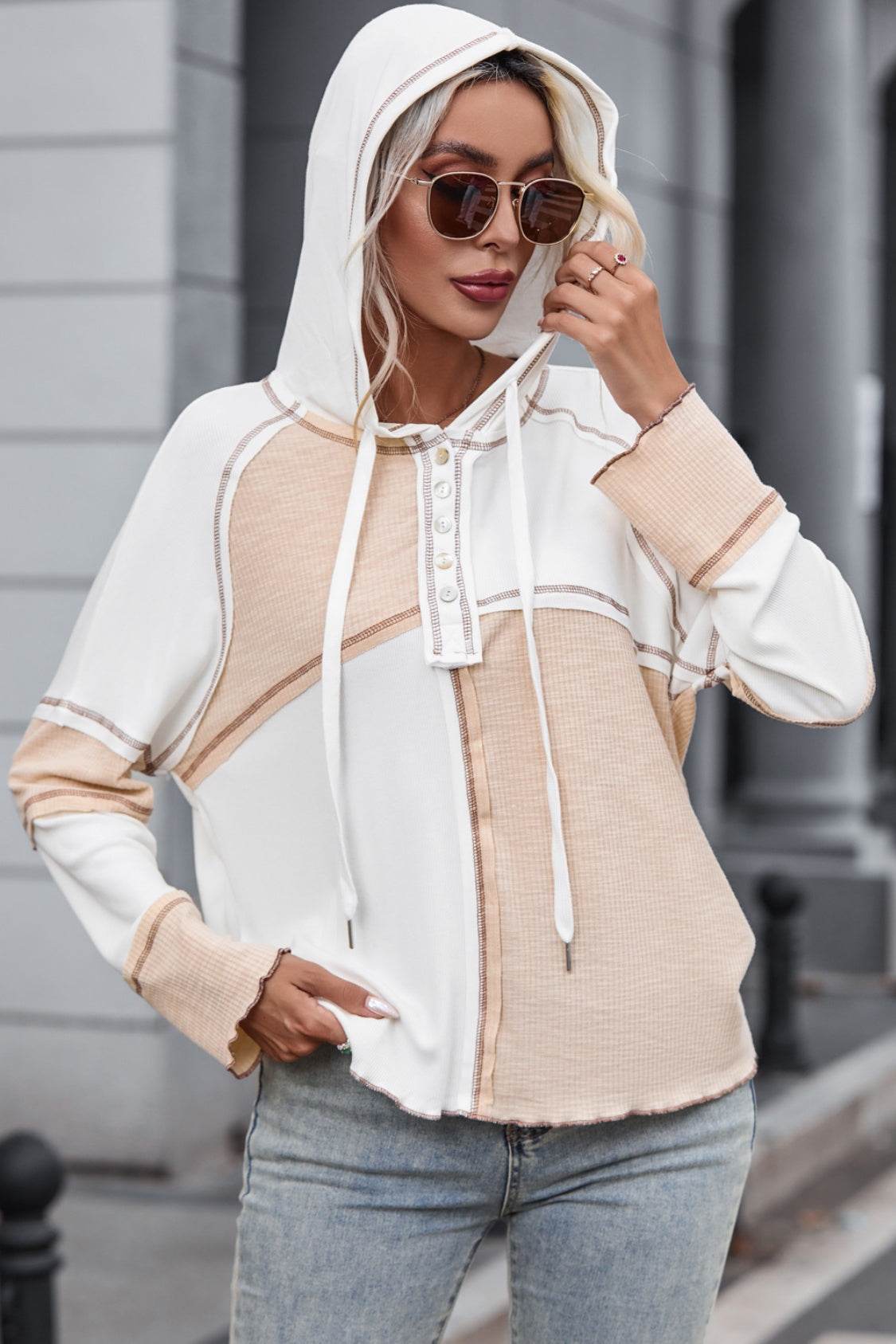 Multicolor Colorblock Ribbed Henley Hoodie - Fashions Envy