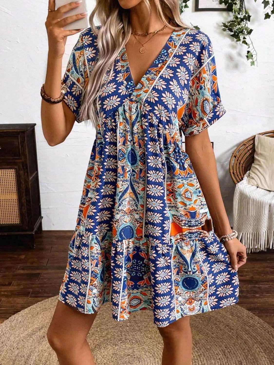 Printed V-Neck Short Sleeve Dress - Ruffled Detail Summer Dress - Fashions Envy