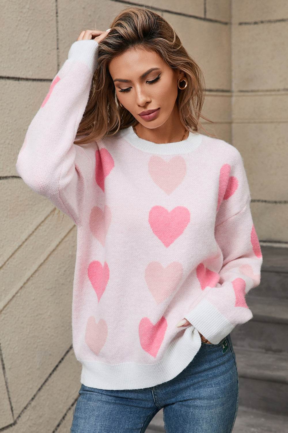 Angel Wings Heart Round Neck Long Sleeve Sweater - Fashions Envy