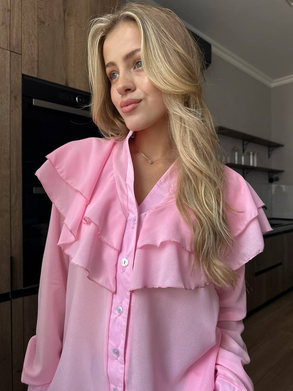 Ruffled V-Neck Blouse - Tiered Collar Chiffon Top
